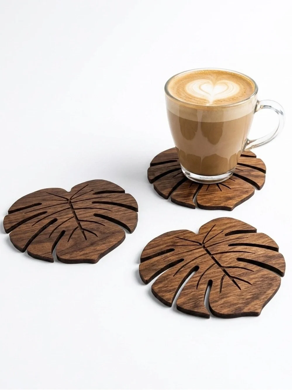 Wooden Monstera Leaf Drink Coasters — Set of 6